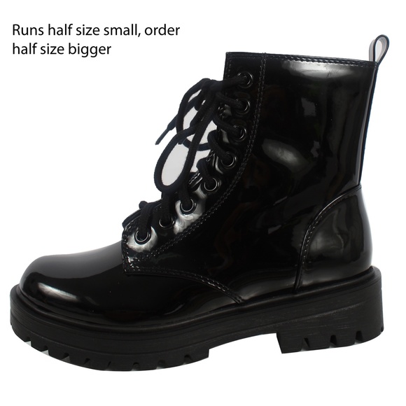 Black Faux Patent Leather Combat Lace Up Ankle Boo - Picture 2 of 6